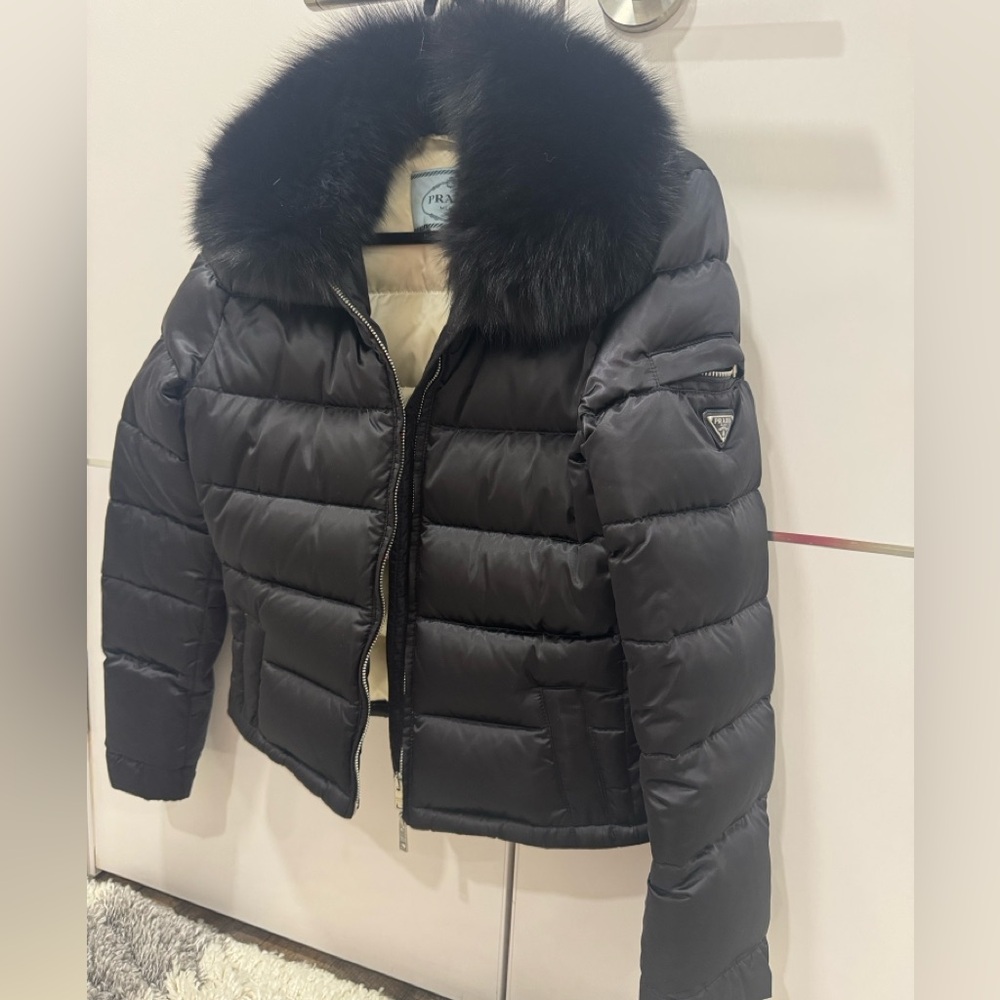 Prada Black Puffer Jacket with Fur Trim